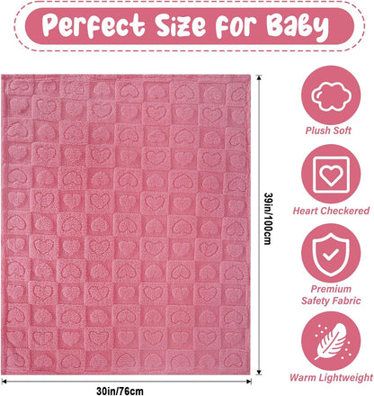 Skiennix Plush Soft Heart Checkered Baby Blanket - Warm Lightweight Fleece for Infants | 30" x 39" Deep Pink