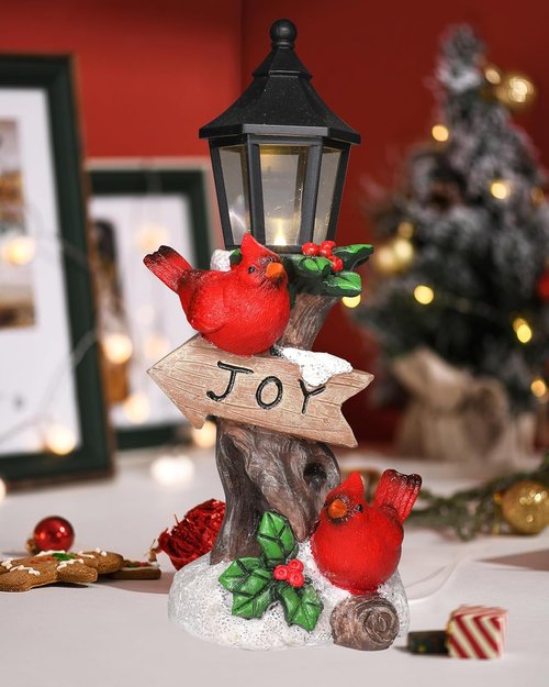 iStatue Lighted Cardinal Christmas Ornaments - 10” Resin Red Birds Lamp Post Figurine with Candle Lantern | Unique Indoor Holiday Decor Gift