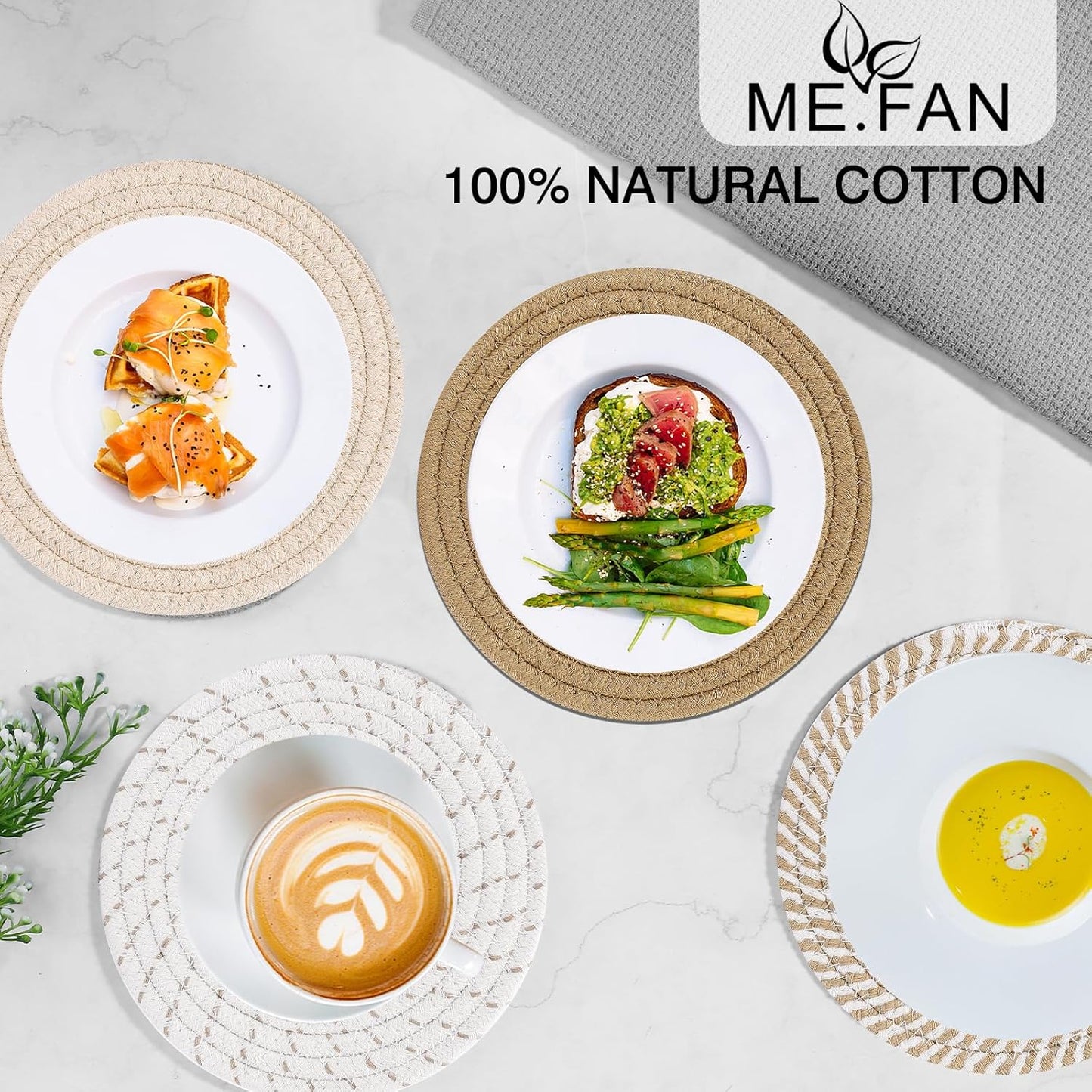ME.FAN 7-Inch Cotton Thread Weave Trivets - Set of 4 Large Potholders for Pots & Pans | Protects Countertops