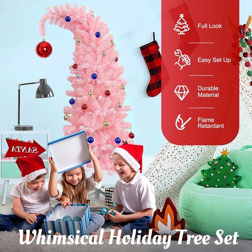 Hatisan 5FT Artificial Pink Christmas Tree - Bent Design with Ball Ornaments & Metal Base for Holiday Decor
