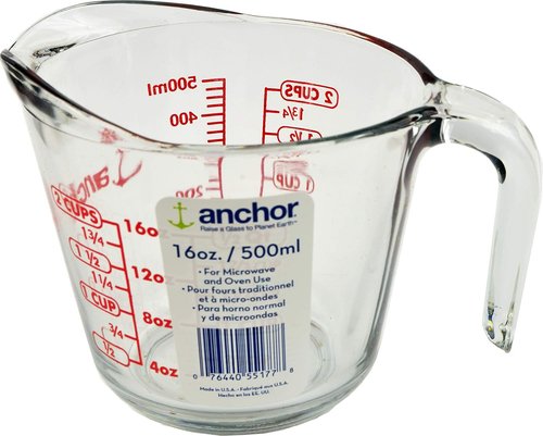 Anchor Hocking 2 Cup Glass Measuring Cup - Clear with Red Lettering | 16 Ounce Capacity