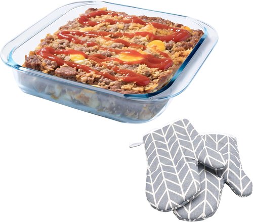 Glass Baking Dish - 2.4Qt Square 9x9 Pan With Oven Mitts - Durable Oven Safe Baking Dish