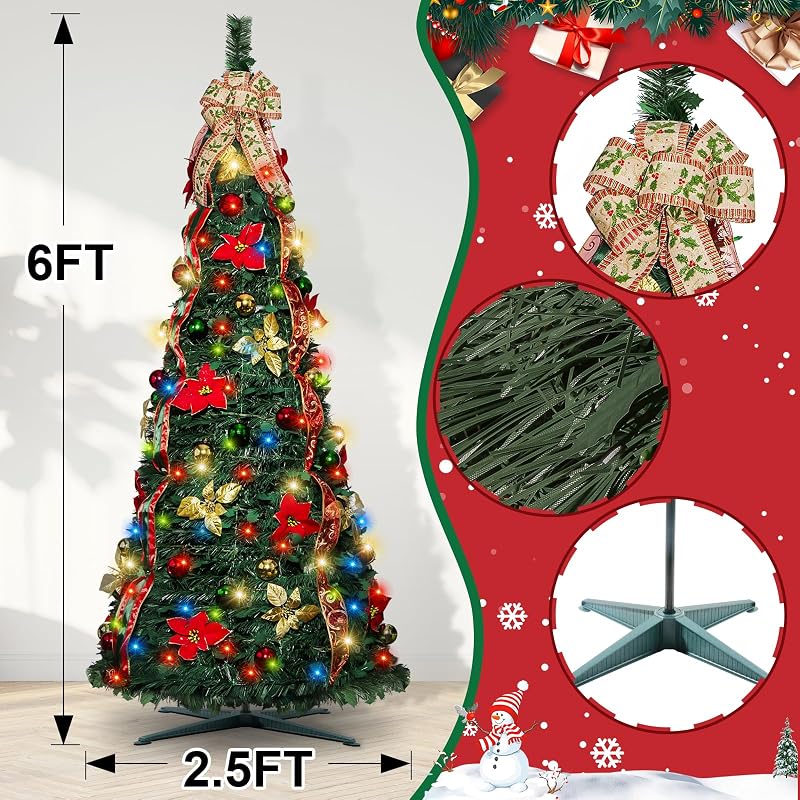 6ft Pop Up Christmas Tree with Lights - Pre-Lit, Collapsible, Decorated (Red & Green)