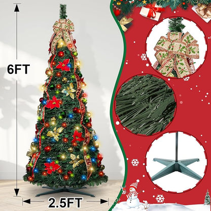 6ft Pop Up Christmas Tree with Lights - Pre-Lit, Collapsible, Decorated (Red & Green)