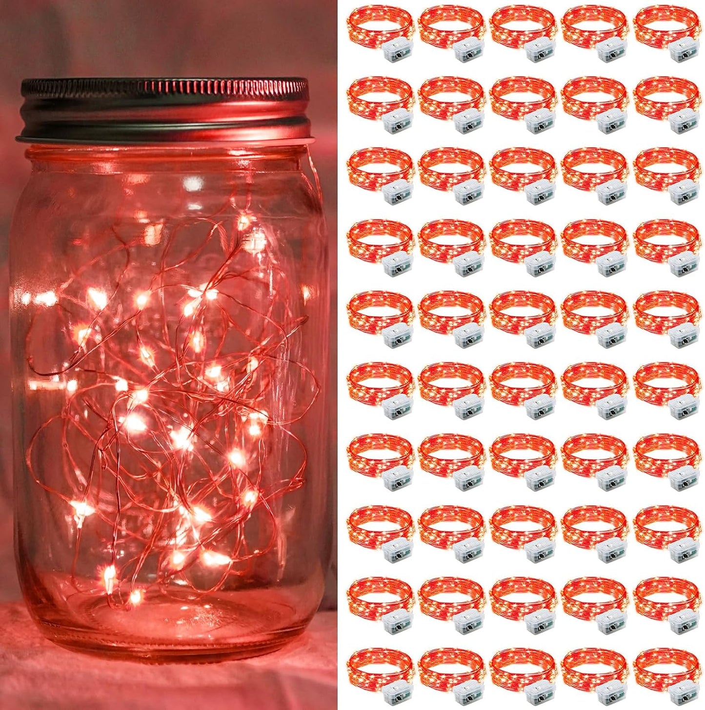 Skiennix 50 Pack Red Fairy Lights - 7Ft 20 LED Twinkle String Lights | Battery Operated & Waterproof for Parties, Holidays & Decor