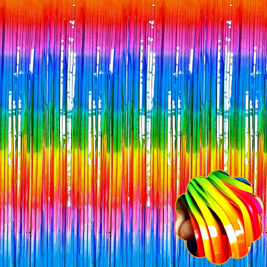 Rainbow Tinsel Foil Fringe Curtain Backdrop - 8 Pack Metallic Streamers for Parties | 3.28Ft x 8.2Ft