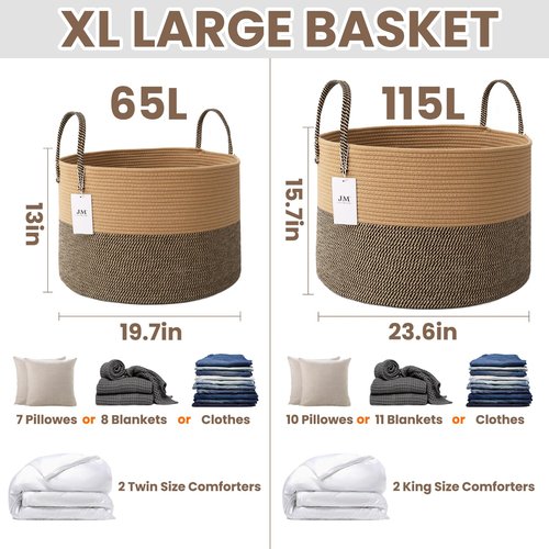 JMvicyroam 115L Extra Large Blanket Basket for Living Room - Woven Cotton Rope Laundry Hamper with Reinforced Handles - Storage Bin for Pillows, Comforters & Toys - Machine Washable,Jute&Black