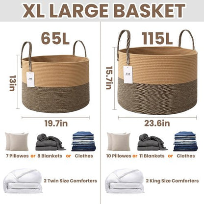 JMvicyroam 115L Extra Large Blanket Basket for Living Room - Woven Cotton Rope Laundry Hamper with Reinforced Handles - Storage Bin for Pillows, Comforters & Toys - Machine Washable,Jute&Black