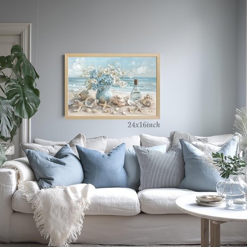 LLEEMPI Coastal Beach Wall Art - Seashell & Starfish Canvas Print | 12x16 Inch Framed Ocean Decor