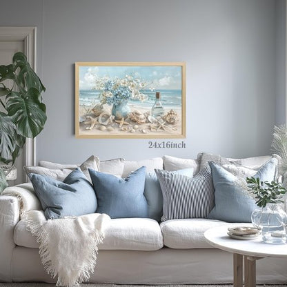 LLEEMPI Coastal Beach Wall Art - Seashell & Starfish Canvas Print | 12x16 Inch Framed Ocean Decor
