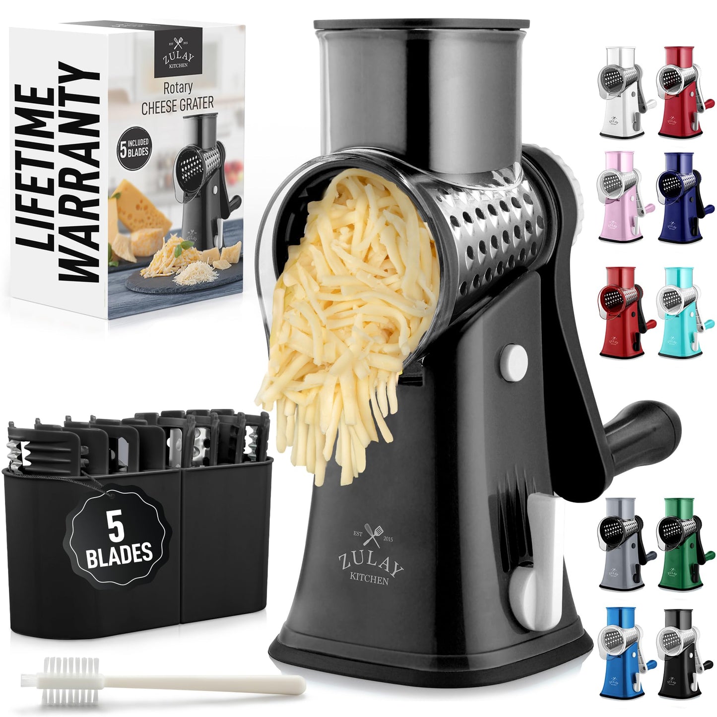 Zulay Kitchen Rotary Cheese Grater 5 Blade Cheese Shredder - Manual Hand Crank Cheese Grater With Reinforced Suction & 5 Interchangeable Drums - Easy to Use, Vegetable Chopper Round Mandoline Slicer