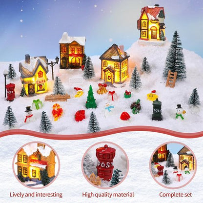 Barydat Christmas Village Figurines Set - 60 LED Lighted Mini Houses for Holiday Decor | Winter Table Decoration