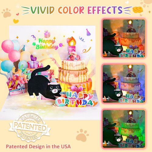 FITMITE Cute Cat Birthday Card - Pop-Up Design with Music, Lights & Blowable Candle | Perfect Gift for Cat Lovers