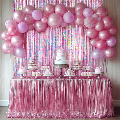 Pink Foil Fringe Curtain by [Brand Name] - 4 Pack Metallic Tinsel Backdrop for Birthday & Wedding Decor