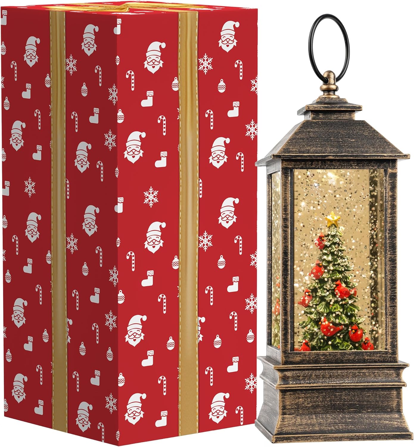VISFLAIR 10'' Lighted Christmas Tree | Cardinal Music Snow Globe Water Lantern with Glitter