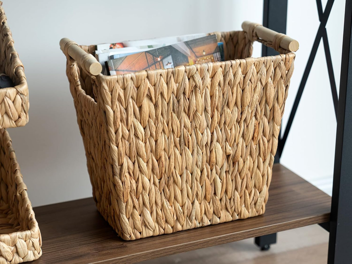 StorageWorks Wicker Waste Basket - Stylish Bathroom Trash Can with Wooden Handles | 12 Liters