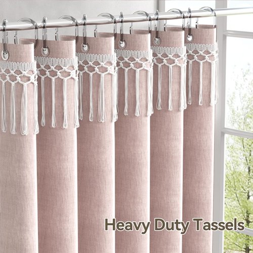 AmazerBath Pink Boho Shower Curtains for Bathroom, Farmhouse Shower Curtain with Top Tassels, Pink Shower Curtain Set, Faux Linen Fabric Shower Curtain with 12 Hooks, Hotel Quality, 72x72 Inches