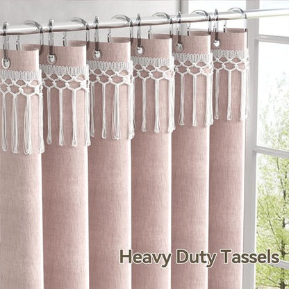 AmazerBath Pink Boho Shower Curtains for Bathroom, Farmhouse Shower Curtain with Top Tassels, Pink Shower Curtain Set, Faux Linen Fabric Shower Curtain with 12 Hooks, Hotel Quality, 72x72 Inches