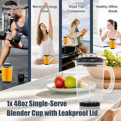 Wadoy 48oz Blender Cup - BPA-Free Tritan Plastic Replacement for Magic Bullet 250W | Leak-Proof Lid for Smoothies & Shakes