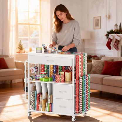 PUNLUXU Wrapping Paper Storage Cart - Rolling Gift Wrap Station with Ribbon & Gift Bag Holder
