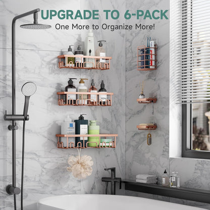 Veken Shower Caddy - 6-Pack Waterproof Adhesive Shelves | No Drilling, Rustproof, Large Capacity - Rose Gold
