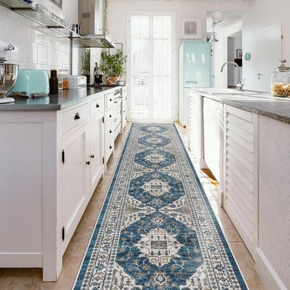 Hallway Washable Runner Rug - Vintage Soft Non-Slip Entryway Carpet | 2'6'' x 14', Blue