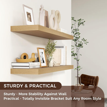 Venusmiles Floating Wall Shelves - 36 Inch Engineered Wood with Invisible Brackets | Oak Finish, Set of 2
