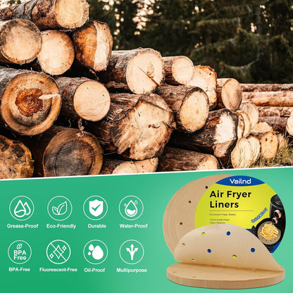 Vailnd Air Fryer Parchment Paper - 50 Unbleached Round Liners | 8.5-Inch Perforated Sheets for Baking & Cooking