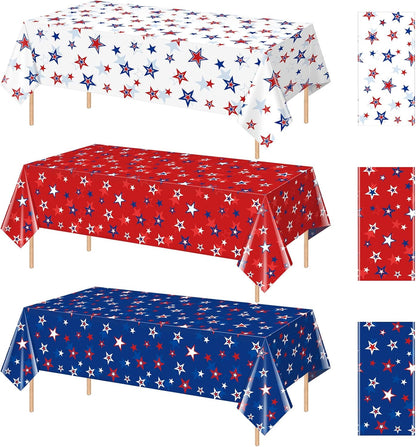 Patriotic Tablecloths by [Brand Name] - 3 Pack Disposable Rectangle Covers | Red, White & Blue Stars - 54x108 Inch for 4th of July Celebrations