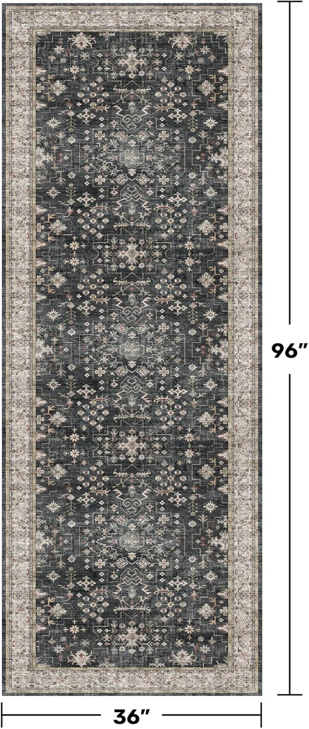 Skiennix Black Washable 8ft Long Runner Rug - Non-Slip Boho Vintage Design for High Traffic Areas