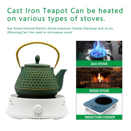 Cast Iron Tea Kettle Set, 33.8oz Hexagon Pattern Teapot Set with Cups, Teapot Coated with Enameled Interior, Durable Cast Iron Teapot Set with Stainless Steel Infuser