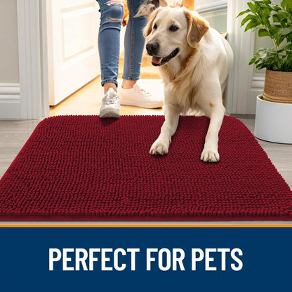 OLANLY Dog Door Mat - Absorbent Non-Slip Chenille Mat for Muddy Paws | 40x24 Inches, Quick Dry, Red
