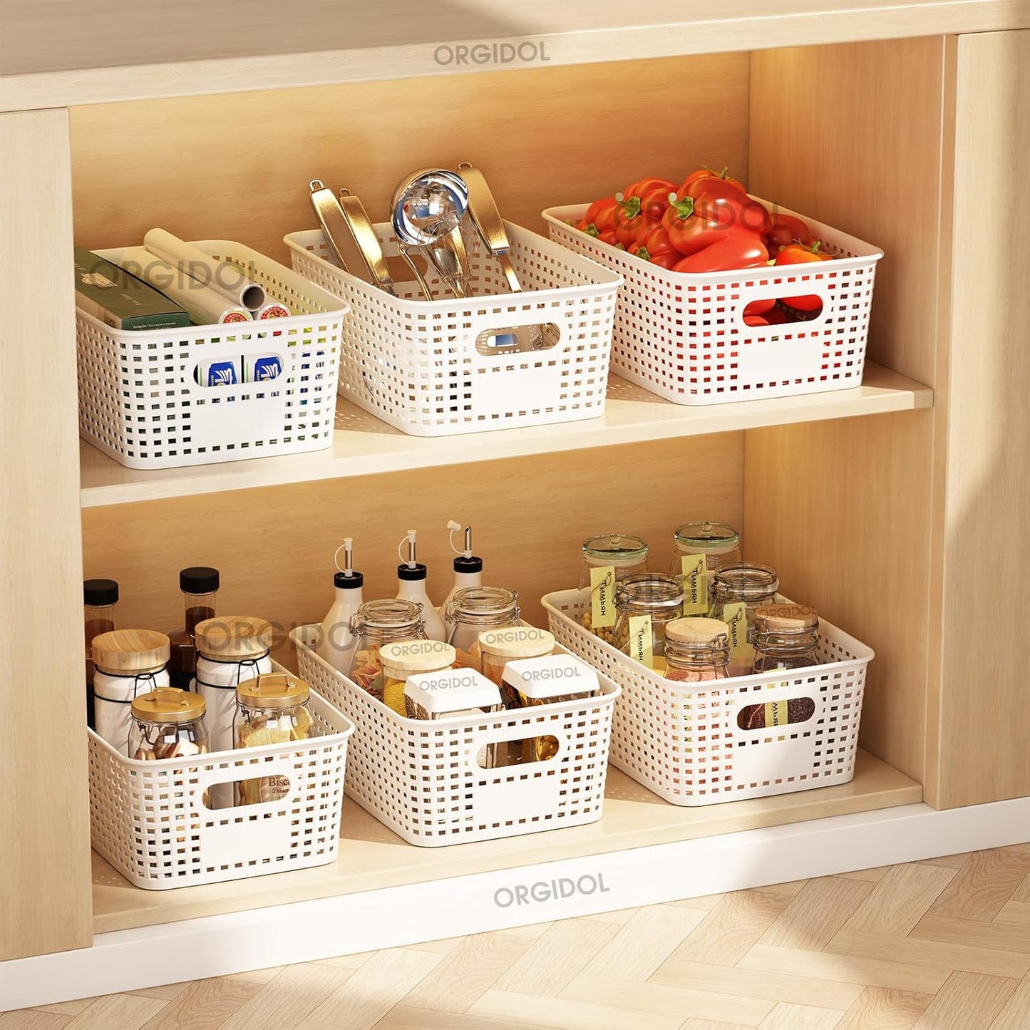 ORGIDOL Plastic Storage Baskets - 10 Pack Stackable Bins with Lids for Organizing | White