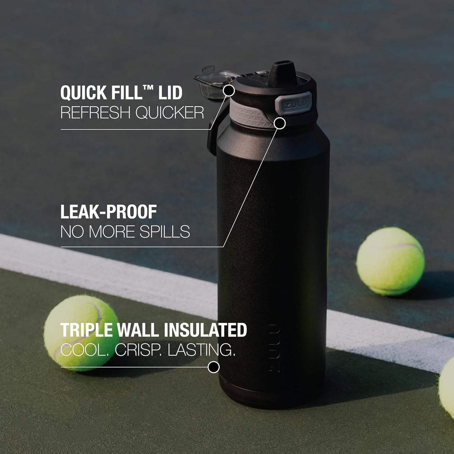 ZULU Powerfill Pro 32oz Stainless Steel Water Bottle - Quick Fill Lid, Triple Walled Insulation, Leak Proof, Black