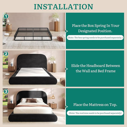 Queen Size Cloud Bed Frame with Headboard - Curved Velvet Upholstered Bed, Black