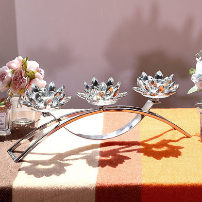 OwnMy 3 Arms Crystal Lotus Tealight Candle Holders Crystal Lotus Flower Votive Candle Stands, Decorative 3-Arms Crystal Lotus Candelabra Metal Crystal Lotus Candlestick Holder for Table Centerpiece