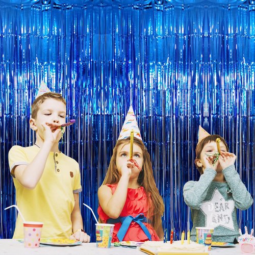 GOER Metallic Tinsel Foil Fringe Curtains - 3.2 ft x 9.8 ft Navy Blue Party Backdrop for Birthdays & Weddings
