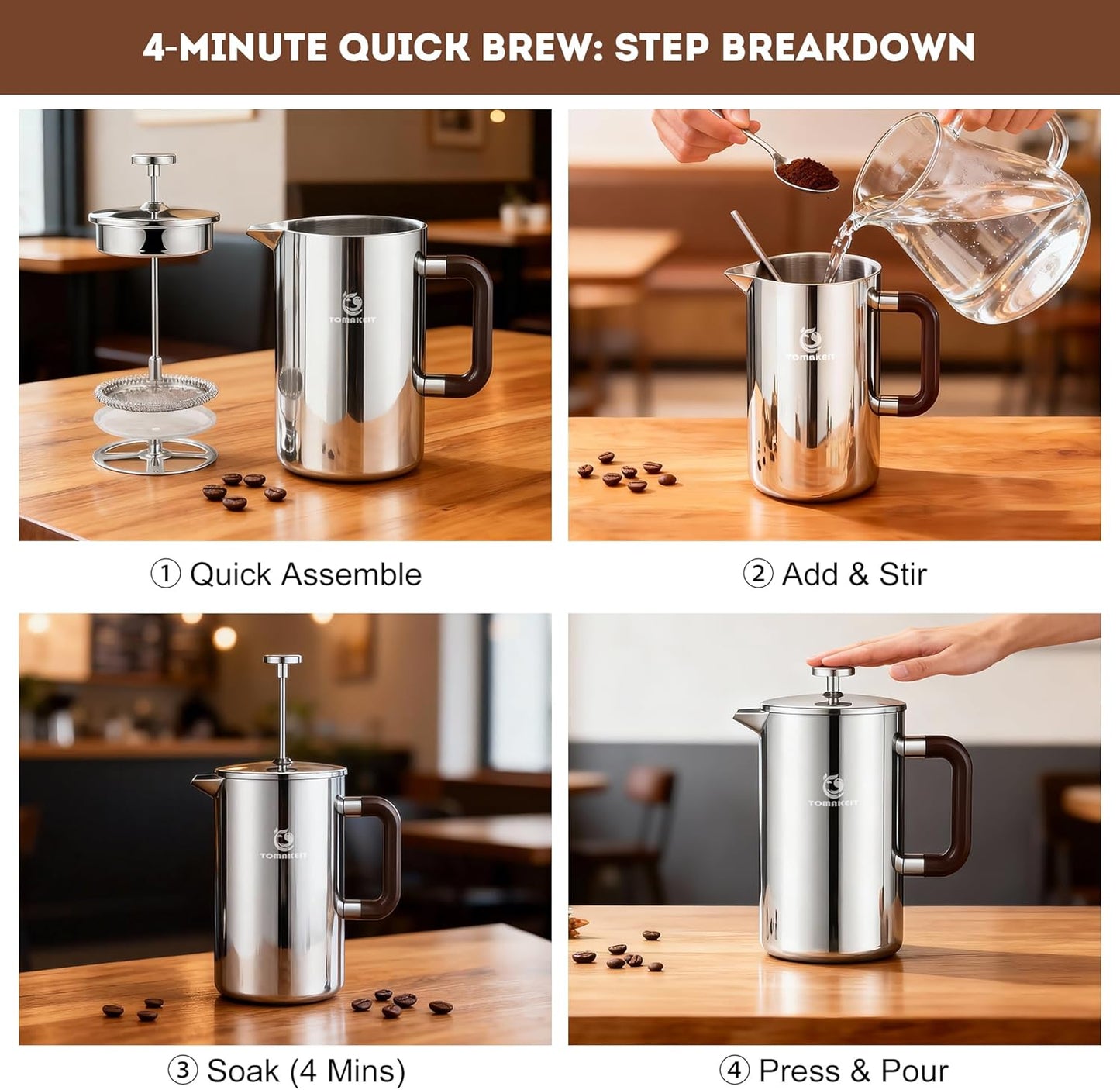 Skiennix French Press Coffee Maker - Durable 304 Stainless Steel, Easy Clean & Leak-Proof | 1L/34 Oz (Silver Upgrade)