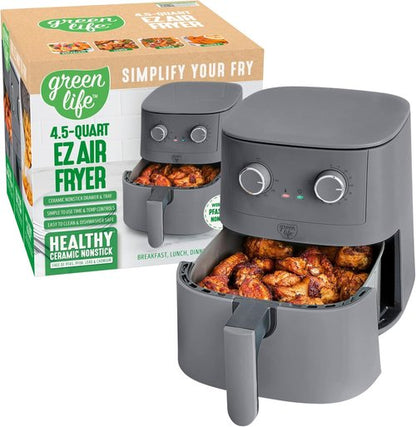 GreenLife 4.5QT Air Fryer - PFAS-Free Ceramic Nonstick, Adjustable Temp & Timer, Compact Graphite Design