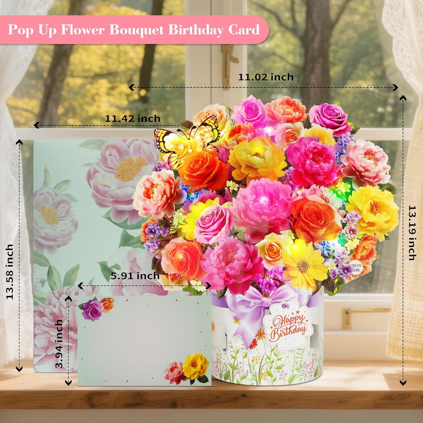XTF2015 Birthday Cards - 3D Pop-Up Music & Lights | Peony & Butterfly Design, 13 Inch Forever Flower Bouquet