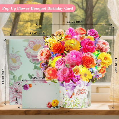 XTF2015 Birthday Cards - 3D Pop-Up Music & Lights | Peony & Butterfly Design, 13 Inch Forever Flower Bouquet