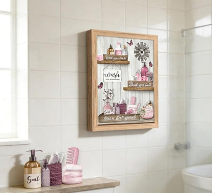 Farmhouse Bathroom Wall Art by Pink - 'Please Seat Yourself' Canvas Print | Modern Framed Decor