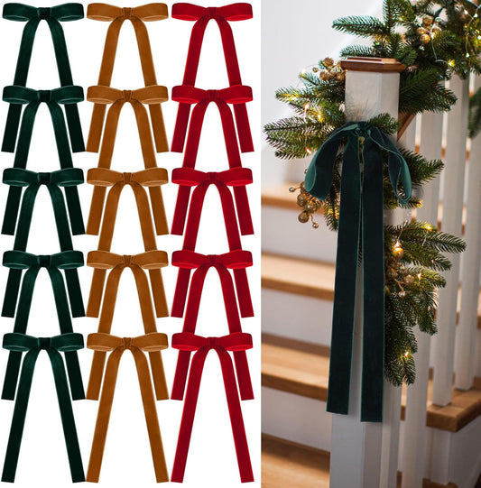 Skiennix 24 Pcs Velvet Bows - Vintage Ribbon Decorations for Christmas Trees & Crafts | Dark Red & Green, 9 x 13 Inch