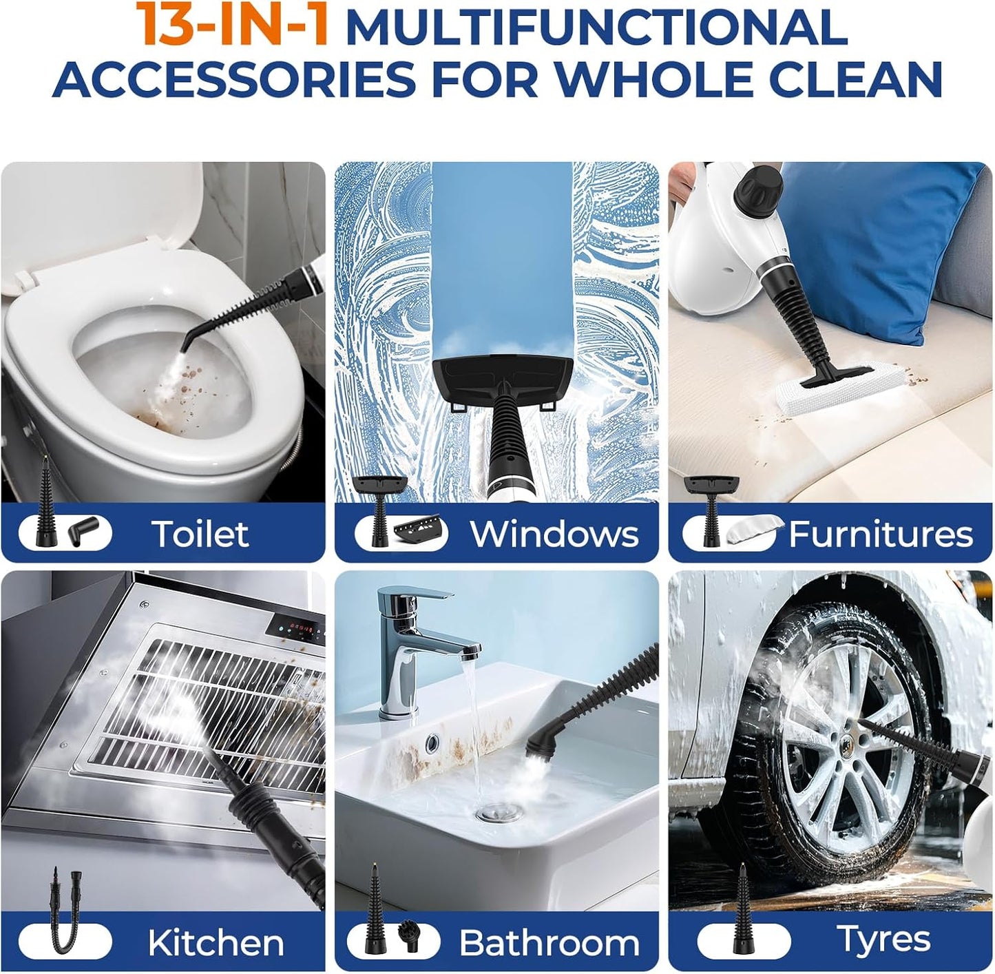 Skiennix Steam Cleaner - Pressurized Handheld Deep Cleaning Steamer with 13 Accessories | Portable for Home, Car, and Upholstery - White