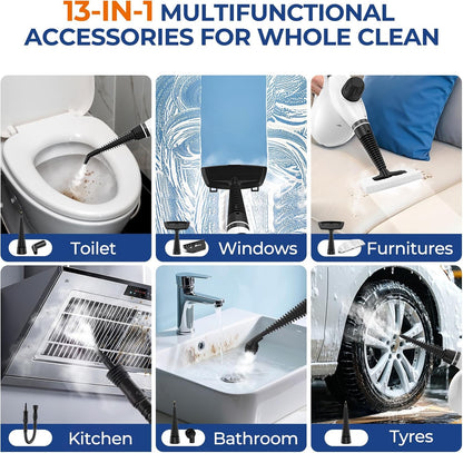 Skiennix Steam Cleaner - Pressurized Handheld Deep Cleaning Steamer with 13 Accessories | Portable for Home, Car, and Upholstery - White