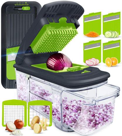 Fullstar All-in-1 Vegetable Chopper, Mandoline Slicer & Cheese Grater - French Fry Cutter & Veggie Dicer - Includes Bonus Handheld Spiralizer - Cook's Tool & Gadget Sets (6 in 1, Gray/Green)