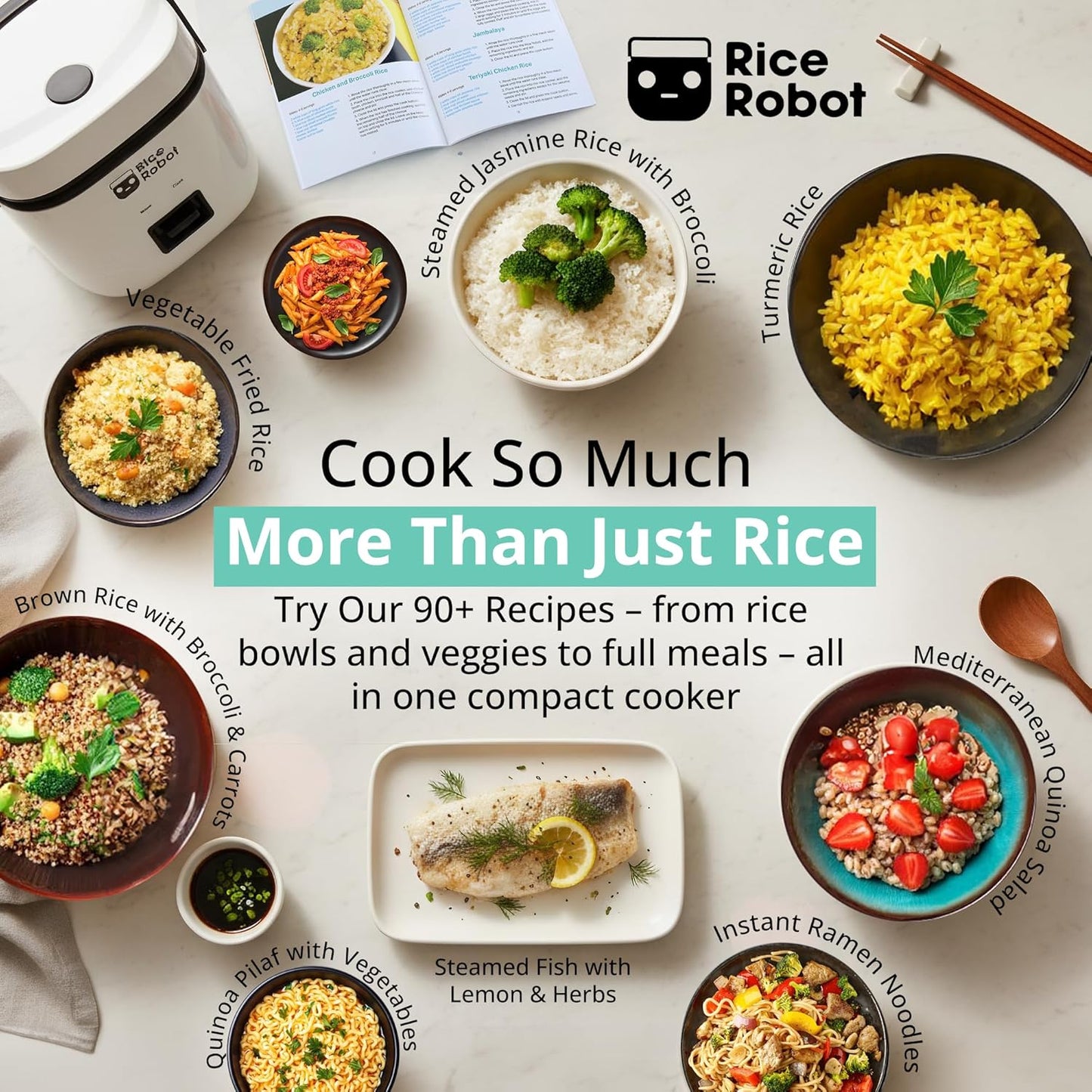Rice Robot Personal Rice Cooker - PFAS-Free Nonstick Design | 1 Quart Capacity with Steamer Tray & Recipe Book