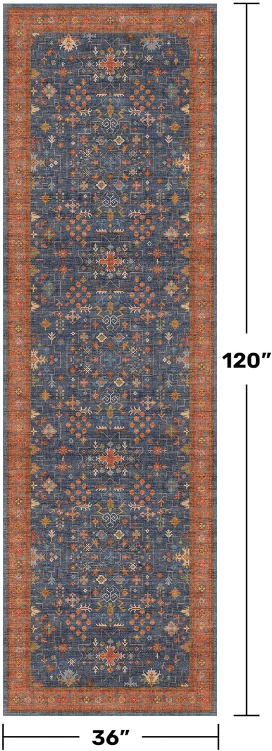 Regine Switzerland Washable 10 ft Long Hallway Runner Rug - Navy Blue, Pet-Friendly & Non-Slip Design