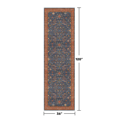 Washable 10 ft Long Runner for Hallway - Navy Blue Kitchen Floor Runner Rug, Pet Friendly Waterproof Non Slip with Rubber Backing, Stain Resistant Laundry Room Rug (3x10 Navy Blue & Terracotta)