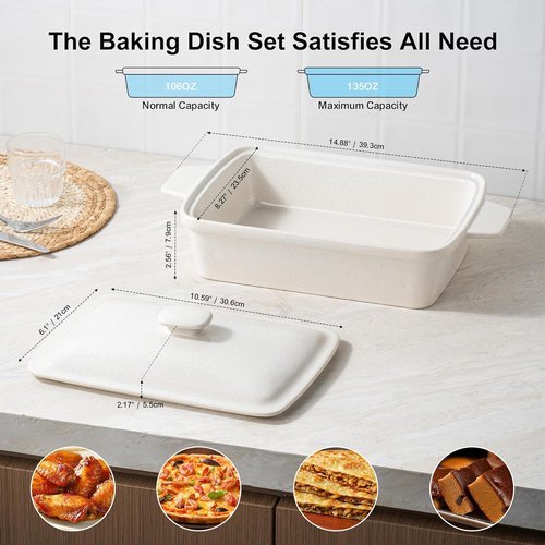 DAFUCERAMIC Casserole Dish - 3.5 Quart Porcelain Baking Dish With Lid | Deep 13 x 9 Oven Safe Bakeware